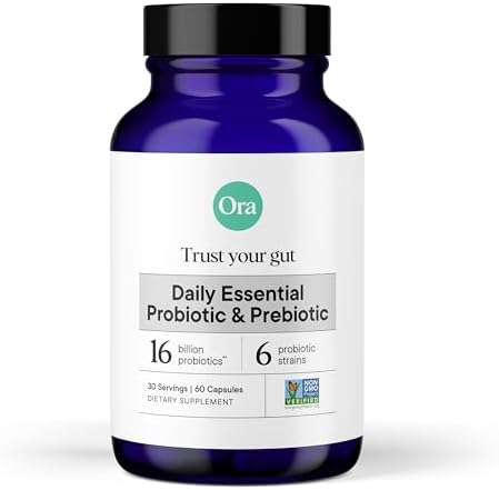 Ora Organic Vegan Probiotic and Prebiotic Capsules | 16 Billion Probiotics + Organic Prebiotics, Dairy-Free, Gluten-Free, for Sensitive Stomachs- 1 Month Supply (60 Capsules)