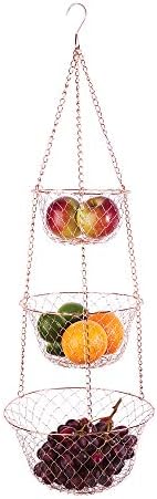 Fox Run 3-Tier Copper Kitchen Hanging Fruit Baskets For Kitchen, 32 Inches | Easily Store & Display Fruit & Vegetables | 3 Tiers Of Baskets For Organization | Beautiful Copper Hanging Kitchen Baskets