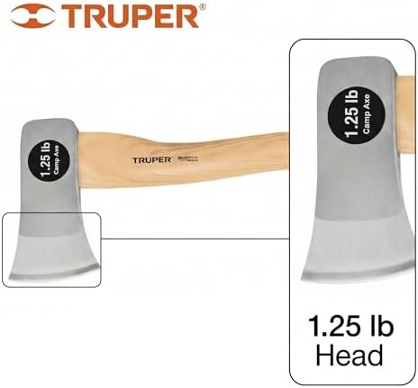 Truper 1.25 lb Camp Axe, 14-Inch American Hickory Wood Handle, Forged Steel Head, Compact Hatchet for Camping