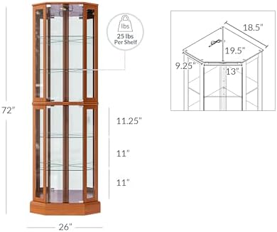 BELLEZE Lighted Corner Display Curio Cabinet Wooden Curved Shelving Unit with Tempered Glass Door
