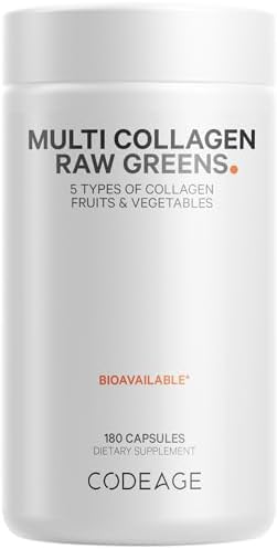 Codeage Multi Collagen Protein + Organic Raw Greens Superfood Capsules Supplement, 21 Fruits & Veggies, Grass-Fed Hydrolyzed Collagen Peptides