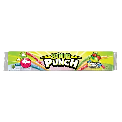 Sour Punch Straws, Rainbow Fruit Flavors, Chewy Sweet & Sour Candy, 2oz Tray (24 Pack)