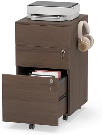 Mobile File Cabinet with 3 Drawers, Wooden Rolling Filing Cabinet with Lock, Under Desk File Organizer for A4/Letter/Legal Size, for Home Office, Study (White)