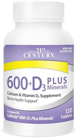 21st Century Calcium 600 Plus D Plus Minerals Caplets, Bone & Joint, 120 | Calcium 600 mg with Vitamin D3 & Essential Minerals