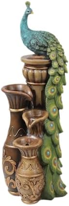 LuxenHome 44" Peacock Outdoor Water Fountain with Lights, Garden Waterfall
