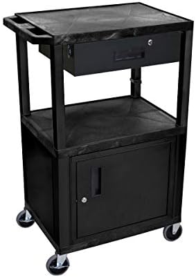 Luxor WT42C2E-B/WTD 42" H AV Cart - 3 Shelves Cab Drawer - Black, 4" Ball Bearing Casters with Two Locking Brake