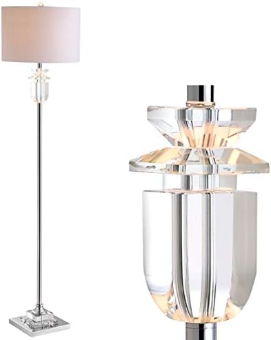 JONATHAN Y Aria 63" Faceted Crystal Metal LED Floor Lamp, Clear/Chrome | Contemporary Glam Style, White Linen Drum Shade, Rotary Switch, 72" Silk Cord