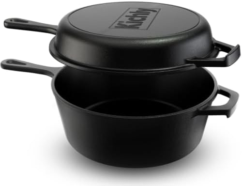 KICHLY Combo Cooker Cast Iron Dutch Oven with Lid 2 in1, PFAS Free Pre-seasoned Multi Cookware Skillet