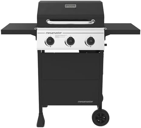 Megamaster Propane 3 Burner Gas Grill, Foldable Shelves with Warming Rack