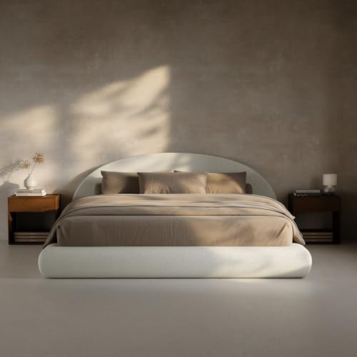 RECCI AirFrame Half-Moon Upholstered Queen Platform Bed Frame | Velvet Curved Arched Base, 6-Inch Thickness Headboard, 5 Inch Fully Round Cushioned Foam, No Box Spring Needed, Easy Assembly