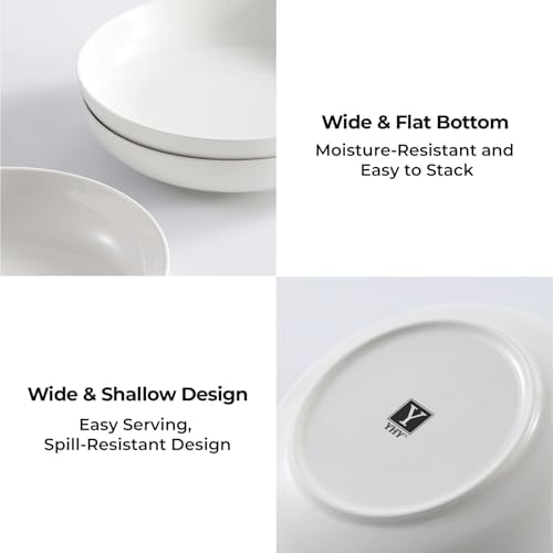 Y YHY 9.75" Large Pasta Bowls, 50 Ounces Big Salad Bowls, Ceramic Serving Bowl Set of 4, Wide and Shallow Bowls Set, Microwave and Dishwasher Safe, White