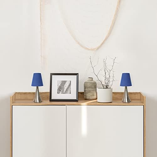Simple Designs LT2014-WHT-2PK Valencia Brushed Nickel Mini Touch Table Lamps with Fabric Shades, White (Pack of 2)