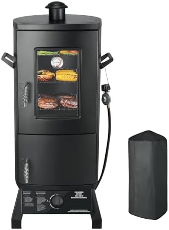 Propane Smoker with Cover, Vertical Meat Gas Smoker Grill Outdoor Heavy Duty 3 Removable Smoking Racks, Black