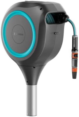 GARDENA Automatic Retractable Garden Hose Reel - 50 Feet - 360 Degree Swivel Outdoor Hose Reel with Metal Spike Base - Auto Retract - UV Resistant