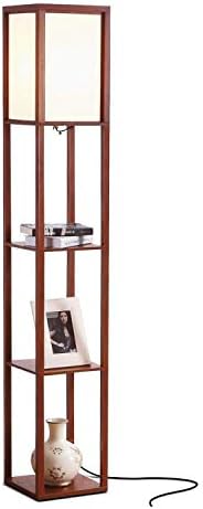 Brightech Maxwell - Modern Shelf Floor Lamp with Lamp Shade & Warm White LED Bulb, Corner Display Floor Lamp with Shelves for Living Room, Bedroom, Nightstand Office, Home Decor Storage - Natural Wood