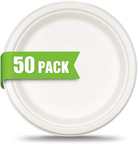 Green Earth - Natural Bagasse (Sugarcane Fiber) Tree Free 10" Paper Plate / Biodegradable / Compostable (50 Counts Disposable Plates） | Sugarcane
