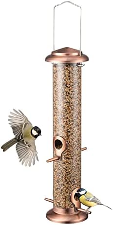 Bird Feeders for Outdoors 15" 4 Ports Chew-Resistant, Copper-Plating, 1PK | Metal, Durable Outdoors, Flip-top Easy Refill & Clean, Mixed Seeds