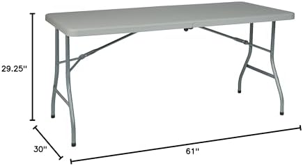 Office Star Resin Rectangle Center-Folding Portable Table for Picnics, Camping, and Tailgating, 5 Feet, with Wheels Light Gray