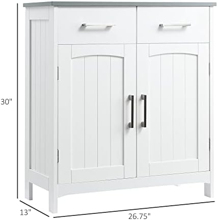 kleankin Bathroom Floor Cabinet Freestanding Linen Cabinet 2 Drawers White | Double Doors, Adjustable Shelf