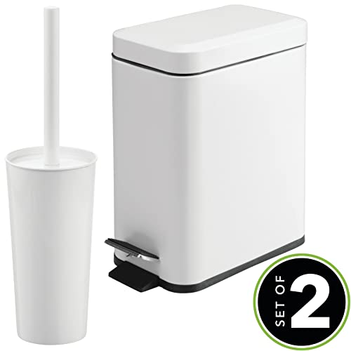 mDesign Metal Freestanding Slim Toilet Bowl Brush and Holder + Rectangle Narrow 5 Liter / 1.3 Gallon Step Pedal Trash Can Wastebasket for Bathroom