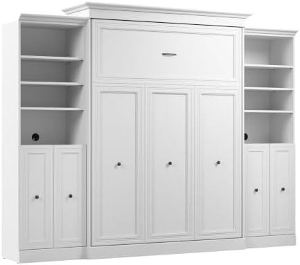Bestar Versatile Queen Murphy Bed and 2 Closet Organizers with Doors (115W) in White