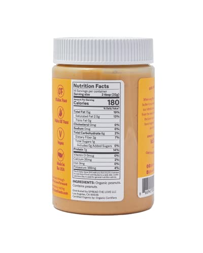 Spread The Love NAKED Organic Peanut Butter, 16 oz Jar, 1 Pack