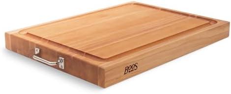 John Boos Handle Boards Series Rectangular Wooden Maple Cutting Board 24”x18” – 2.25” Thick, 30-lb Reversible Butcher Block with Juice Groove, Edge-Grain & Metal Handles