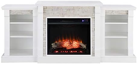 SEI Furniture Gallatin Faux Stone Electric Fireplace with Bookcases, New White