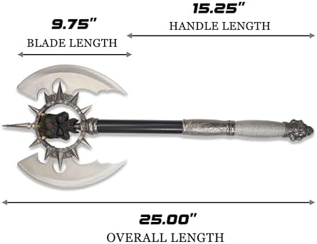 BladesUSA – Fantasy Axe – Full Size Fantasy Medieval Battle Axe, Dual Blades and 11 Steel Spikes Around Center Skull. Wire Wrapped Handle