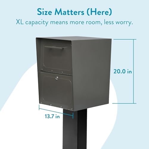 Architectural Mailboxes Oasis Galvanized Steel Package Drop Box, Black, XL | Rust-resistant parcel locker with a secure cam lock, an anti-theft hopper door, and a powder-coat finish.