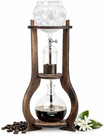 Nispira Iced Coffee Cold Brew Drip Tower Coffee Maker, 6–8 Cup Manual Cold Brew Brewer with Adjustable Valve, Wooden Frame & Glassware, Slow Cold Extraction System