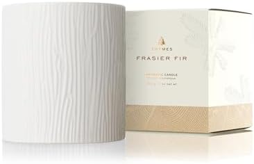 Thymes Frasier Fir Candle - Gilded Collection - Wood Grain Ceramic Design with 24-Karate Gold Rim - Mountain Fresh Fragrance - Elegant Winter Candle Scents - Gifts for Women & Men (3-Wick, 20 oz)