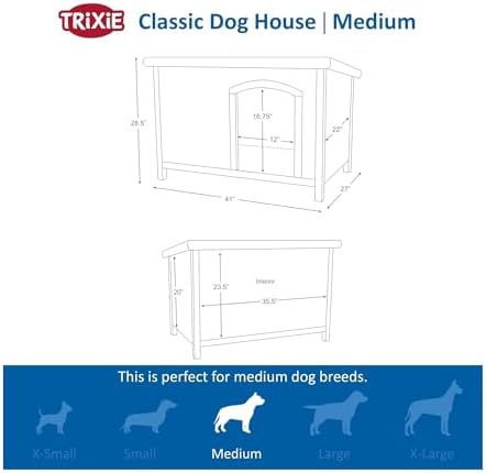 Trixie Natura Classic Dog House - Wooden Outdoor Shelter with Weatherproof Sealer, Hinged Roof & Adjustable Legs for Medium Dogs - Gray - 27 x 41 x 28.5 in