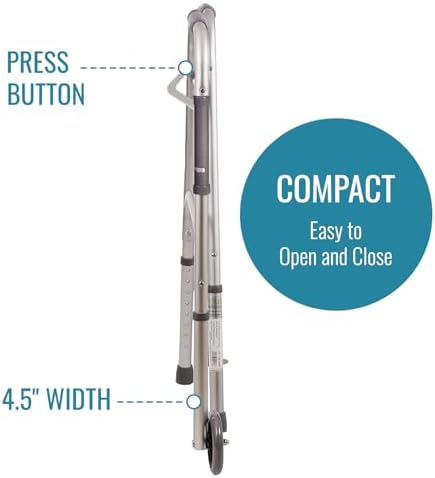 DMI Lightweight Aluminum Folding Walker with Single Release, 5 Inch Wheels, Adjustable Height, No Assembly Needed, Silver, 250 lb Weight Capacity