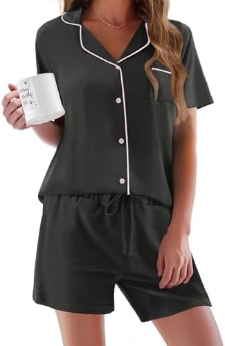 Ekouaer Pajamas Set for Women Short Sleeve Sleepwear Button Down Pj XS-XXXL | Summer 2 Piece Lounge Set, Soft Fabric, Drawstring Waistband, for Bridesmaid Bride Party, Plus Size, Petite, Cute Pattern