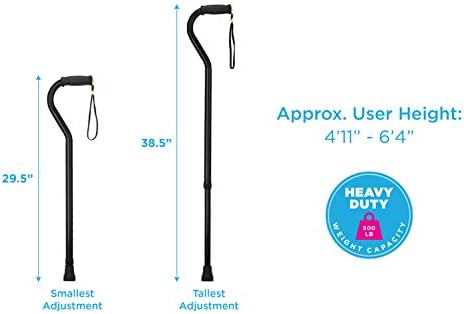 NOVA Heavy Duty Walking Cane with Offset Handle, 500 lb. Weight Capacity, Bariatric & Lightweight Adjustable Walking Stick with Carrying Strap, Black