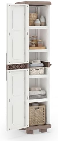 GIANTEX Storage Cabinet with 2 Doors and Adjustable Shelves, Modern Plastic Base Garage Organizer, Floor Sideboard for Kitchen, Dining Room, Bathroom (Wide-29"x19"x37",White+Brown)
