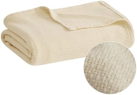 Madison Park 100% Cotton Breathable Queen Size Blanket for Bed, Blue | Freshspun Basketweave, All Season, Farmhouse Classic Bed Cover Full for Summer, OEKO TEX, Warm Home Essential For Couch, Sofa