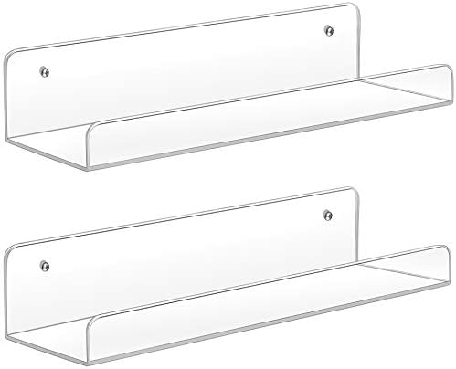 Sooyee Acrylic Shelves, 2 Pack 15 Inch Floating Wall Shelves, Funko Pop Display Shelf, Invisible Kids Book Shelf, Picture Ledge Shelf Decor