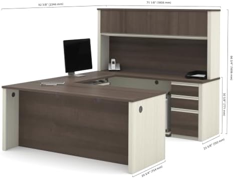 Bestar Prestige + 72W U-Shaped Executive Desk with 2 Pedestals and Hutch in White Chocolate & Antigua | With 2 Pedestals and Hutch; with Narrow Desk Shell, Desk Shell, Desk Bridge, Keyboard Tray, CPU Stand; stands 67 in. tall