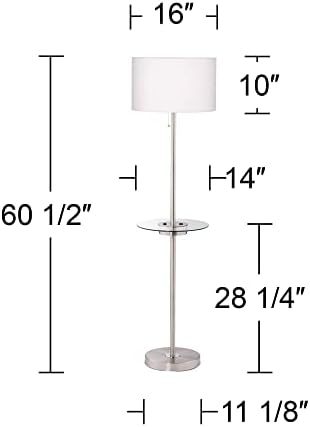 360 Lighting Caper 60 1/2" Tall Nickel Tray Table USB and Outlet Floor Lamp | Modern with AC Power on Glass 5 Satin White Fabric Drum Shade for Living Room Reading House Bedroom