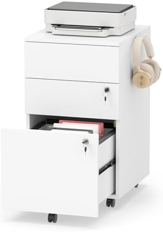Mobile File Cabinet with 3 Drawers, Wooden Rolling Filing Cabinet with Lock, Under Desk File Organizer for A4/Letter/Legal Size, for Home Office, Study (White)
