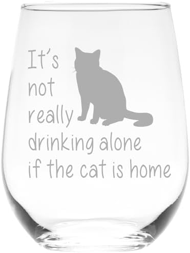 C M The Cat is Home Funny Stemless Wine Glass, Style C1 | Cat Themed Gift, For Women and Men, 17 oz