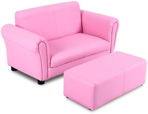 Costzon Kids Couch with Footstool, 2 in 1 Double Seat Children's Sofa w/PU Leather Surface, Armrest Chair Lounge, Soft Kids Sofa for Preschool Bedroom Kids Room Toddlers Boys Girls Birthday (Black)