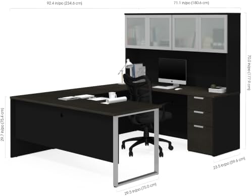 Bestar Pro-Concept Plus U-Shaped Executive Desk with Pedestal and Frosted Glass Doors Hutch