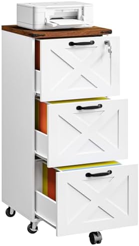 HOOBRO 3 Drawer File Cabinet with Lock, Mobile Filing Cabinet for Home Office, Wooden Farmhouse Office Storage Cabinet, Printer Stand Fits Letter and A4 Size, Walnut and White WH93WJ01G1
