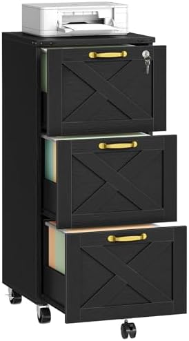 HOOBRO 3 Drawer File Cabinet with Lock, Mobile Filing Cabinet for Home Office, Wooden Farmhouse Office Storage Cabinet, Printer Stand Fits Letter and A4 Size, Walnut and White WH93WJ01G1