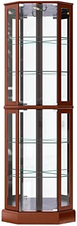BELLEZE Lighted Corner Display Curio Cabinet Wooden Curved Shelving Unit with Tempered Glass Door