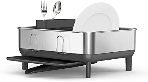 simplehuman Steel Frame Dishrack, Large Capacity Dish Drying Rack, 360º Easy Drain Swivel Spout, Utensil & Wine Glass Holder, Anti-Residue Coating