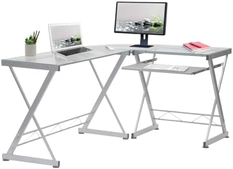 Scranton & Co Modern L-Shape Computer Desk, Glass and Steel, Clear Finish, 29.5" H x 61.75" W x 45.25" D, Reversible Design, Pull-Out Keyboard Tray